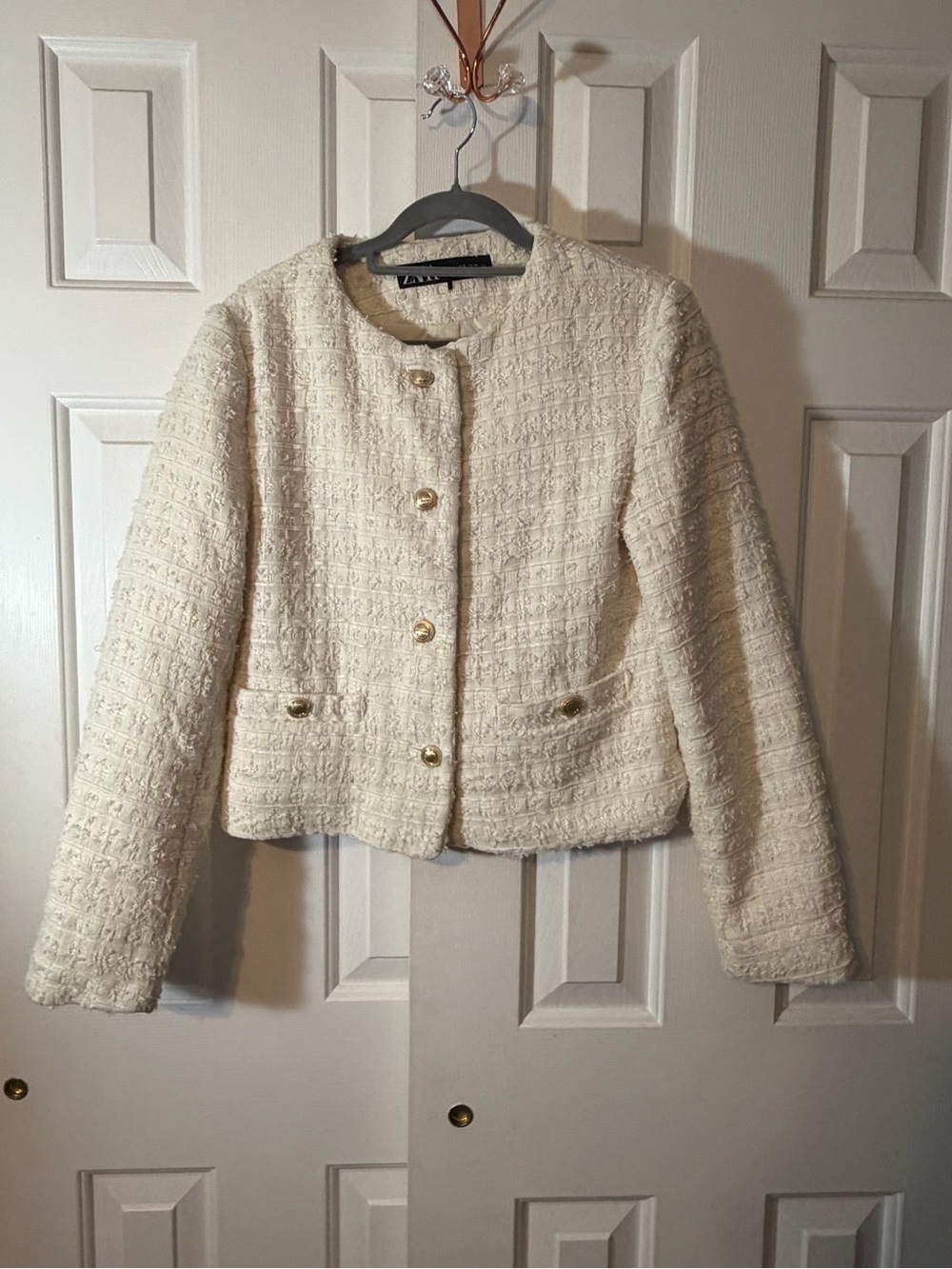 Zara Tweed Ivory Jacket with Gold Buttons